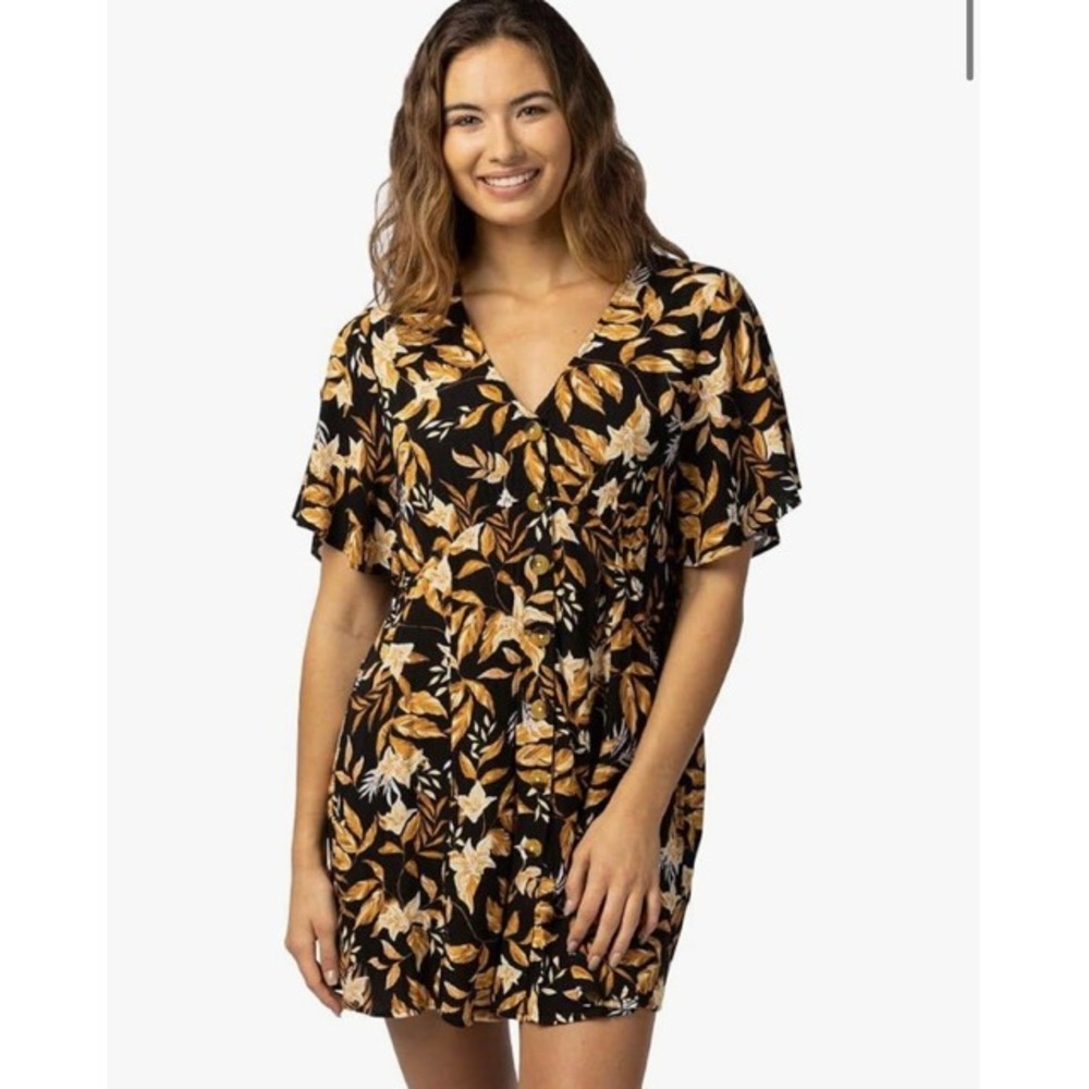 Rip Curl Womens Black Gold Floral Button Down Mini Dress Short Sleeve Size S